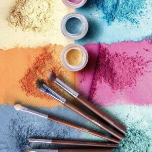 5-Piece Makeup Brush Set with 3 Color Compact Powders – Sky Blue, Pink & Orange
