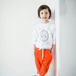Kids' Cotton Pajama Set – Printed Top with Bright Orange Bottom